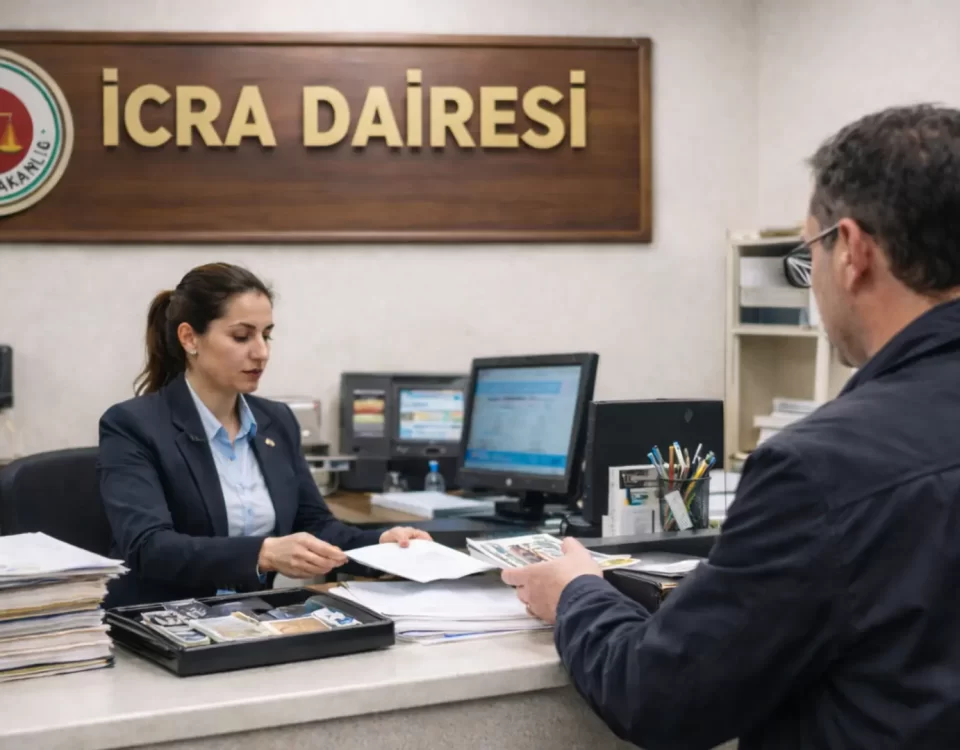 İcra dairesi vezne/başvuru masasındaki görevlinin, ilamsız icra takibinde ödeme emri evraklarını incelemesi ve başvuru sahibine teslim etmesi.