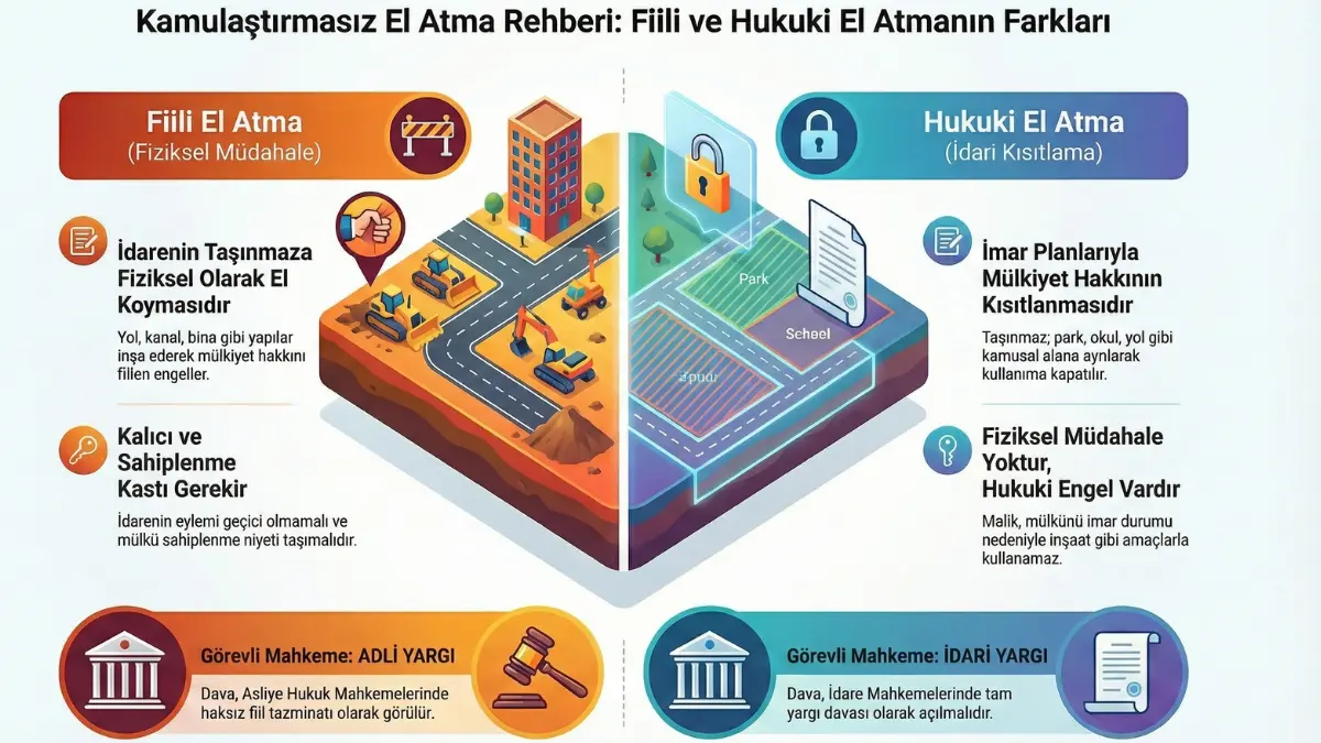 “Kamulaştırmasız el atma” konusunda fiilî el atma ile hukukî el atmayı karşılaştıran infografik; fiziksel müdahale–idarî kısıtlama ayrımı ve görevli yargı yolu bilgilerini görsel olarak özetler.
