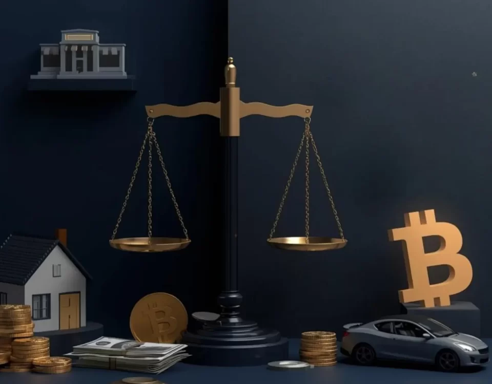 Tereke tespit davası; Bankayı temsil eden yapı, ev maketi, otomobil, kripto para sembolü, altın ve nakit paralarla birlikte konumlandırılmış adalet terazisi; mirasbırakanın taşınmazlar, araçlar, banka hesapları ve kripto varlıklar dâhil tüm malvarlığının tereke tespiti davası ile hukuken kayıt altına alınmasını anlatan kapak görseli.