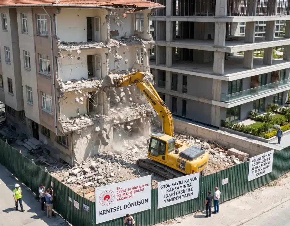 Temsili bir inşaat şantiyesi ile noter tabelasının birleşiminden oluşan illüstrasyon; kat karşılığı inşaat sözleşmesinin resen düzenleme ve taşınmaz satış vaadi şartlarını gösteren hukuki rehber görseli.