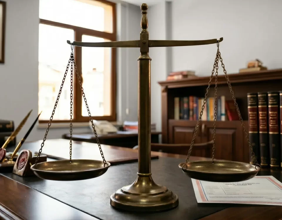 Avukat masası üzerinde adalet terazisi, Türk Medeni Kanunu kitapları ve tapu senedi; paylı mülkiyette önalım hakkı (şufa hakkı) uyuşmazlıklarını ve gayrimenkul hukukunu temsil eden hukuki kompozisyon.