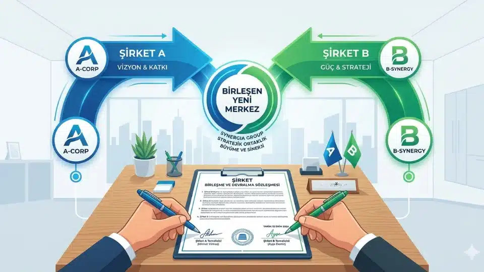 Şirket birleşme ve devralma sürecini gösteren infografik
