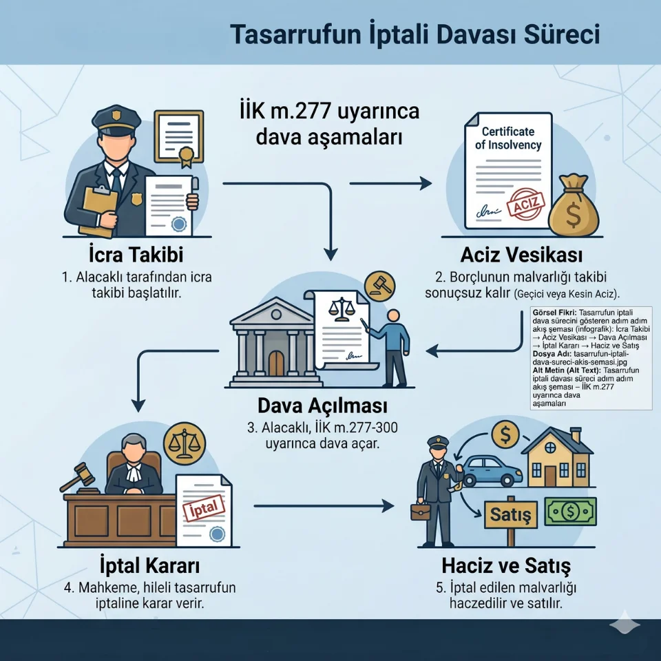 Tasarrufun iptali davası süreci adım adım akış şeması – İİK m.277 uyarınca dava aşamaları