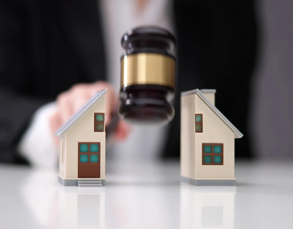 Boşanmada Mal Kaçırma Amaçlı Devirler ve TMK 229: Eklenecek Değerler Rehberi 8 Eşlerin boşanma sürecinde diğer eşin katılma alacağını azaltmak amacıyla mülk devretmesi veya gizlemesi gibi boşanmada mal kaçırma eylemlerine karşı açılan davaları ve mahkeme kararlarını sembolize eden; ortadan ikiye ayrılmış bir maket ev figürünün arkasında havada duran hakim tokmağını ve bulanık arka planda cübbeli bir hukukçuyu gösteren kurumsal aile hukuku görseli.