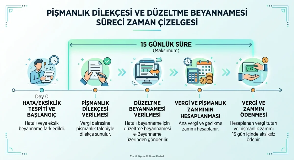 Pişmanlık ve ıslah şartlarını ve 15 günlük süreleri gösteren zaman çizelgesi